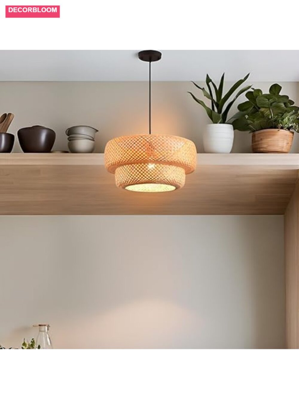 Hand-Woven Bamboo Rattan Pendant Light 13.8" Farmhouse Chandelier Ceiling Lamp - Picture 3 of 4